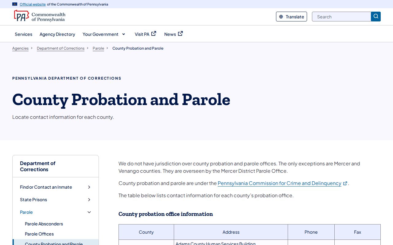 Mercer County post-release supervision arrangement on the PA DOC page